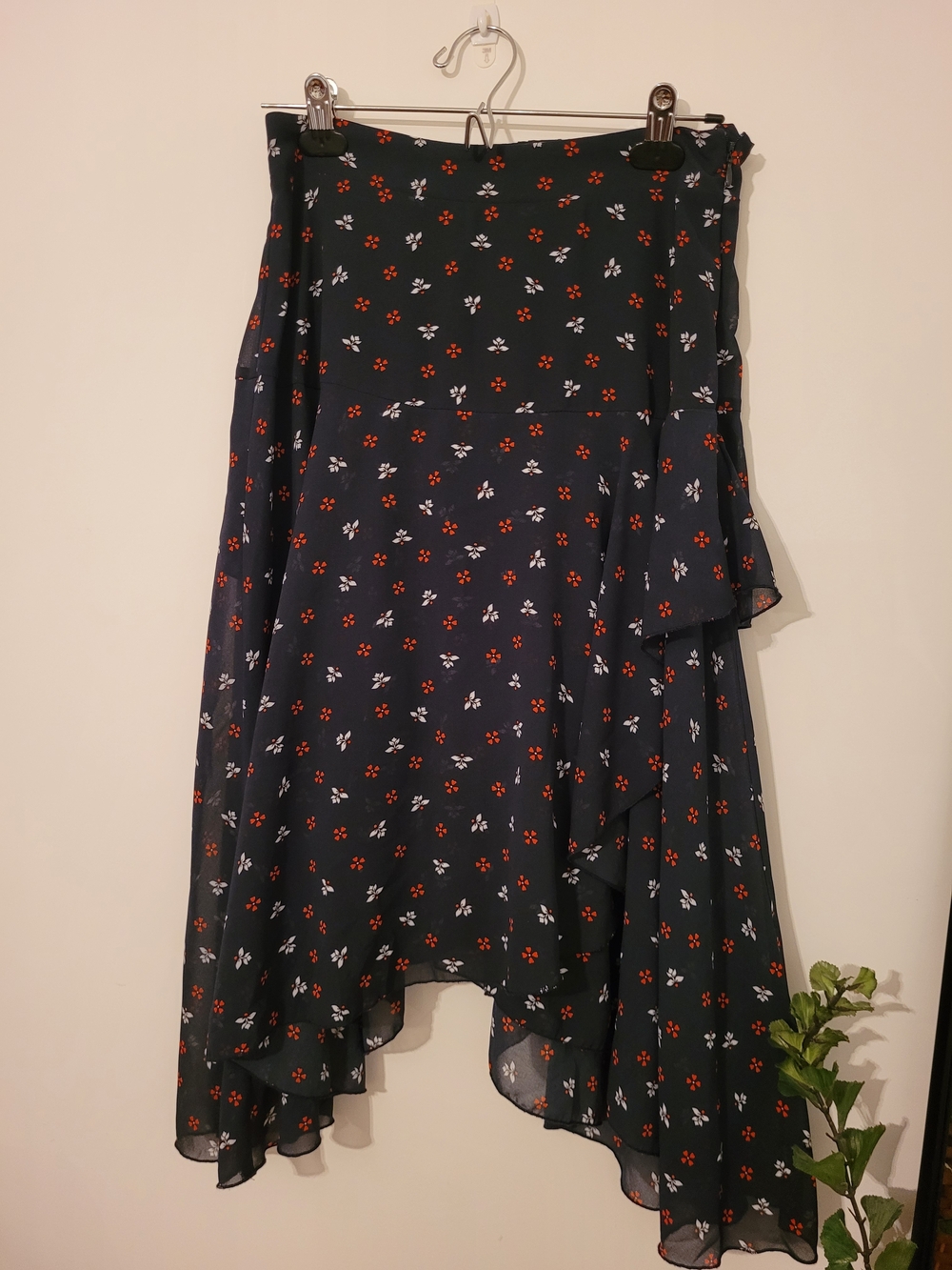 H&M Navy Asymmetrical Floral Wrap Skirt with Red and White Blossoms